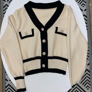 Cream and Black Cardigan with Pearl Buttons